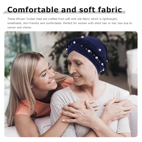 African Women Turban Caps Pre-Tied Twisted Turbans Head Scarf for Women Hair Wraps Cover Beanie Cancer Chemo Headwear - color: 1 Pack Twisted Braid: Pearls Navy Blue