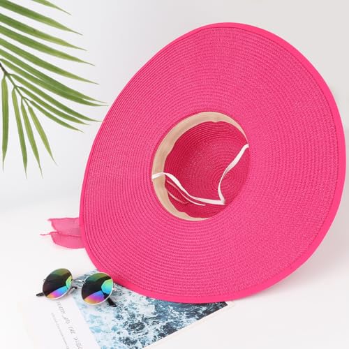DRESHOW Beach Hats for Women Big Straw Wide Brim Summer Hat Floppy Foldable Roll up Cap Sun Hat UPF 50+ - color: Deep Pink / 5.5" Brim, 1 Pack