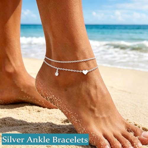 925 Sterling Silver Ankle Bracelets for Women 14K Gold Plated Layered Anklet Sets Dainty Heart Anklets Chain Waterproof Beach Foot Jewelry Gifts - style: Heart-Silver2