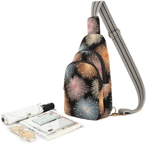 SILKAREA Canvas Sling Bag for Wome Crossbody Purse Small Sling Backpack Purse Travel Hiking Chest Bag Daypack - color: Embroidered Fireworks Black