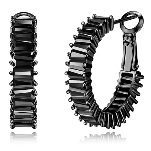 Trendy 14K Gold Plated Hoop Earrings for Women, Chunky Gold/Silver Earrings for Women Cubic Zirconia Baguette Hoop Earrings Heart Hoops Lightweight Hypoallergenic Jewelry,25mm/35mm/40mm/50mm - color: 01 Black CZ Hoops 25mm