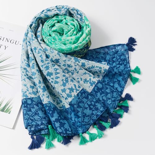 QIUTIMIY Scarf for Women Lightweight Soft Floral Leopard Printed Scarves Fall Winter Fashion Shawl Wrap with Fringe - color: Splicing-blue Green