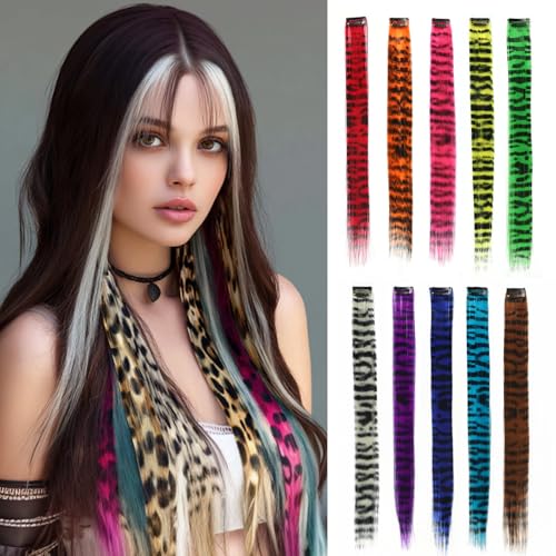 10pcs/pack Scene Hair Extensions Synthetic Clip in Leopard print Hair piece 18inch Long Straight Colorful striped Hairpieces Halloween Party Cosplay Y2K Use for Women - color: Multicolor