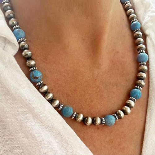 4 PCS Western Turquoise Jewelry for Women Boho Vintage Navajo Pearl Necklace Earring Bracelet Ring Set Country Cowgirl Accessories for Gift - color: E-Blue（No Ring）
