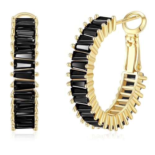 Trendy 14K Gold Plated Hoop Earrings for Women, Chunky Gold/Silver Earrings for Women Cubic Zirconia Baguette Hoop Earrings Heart Hoops Lightweight Hypoallergenic Jewelry,25mm/35mm/40mm/50mm - color: 01 Gold Black CZ Hoops 25mm