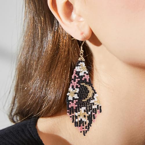Flower Black Beaded Long Tassel Western Native American Earrings For Women Dangling - color: black pink