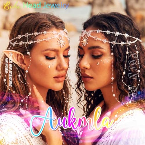 Aukmla Star Boho Head Chain Pearl Tassel Fairy Headpiece for Women | Silver Hair Chains Jewelry Halloween Costume headdress Festival Headband Hair Accessories with Elf Ears