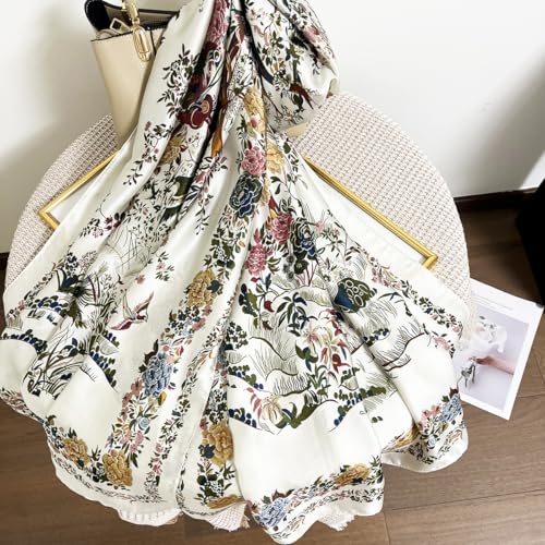 Long Silk Like Scarf Lightweight Satin Scarves Large Sunscreen Shawl Wrap for Women - color: 007.birds and Flowers White