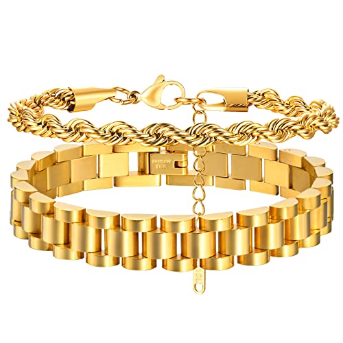 MPRAINBOW 2pcs 18K Gold Plated Chain Link Bracelet, Stainless Steel Crystal Friendship Bracelets Bangle,Watch Band Chains Wristband Jewelry with Adjust Tool - color: Gold-set A