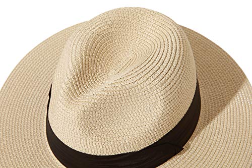 Lanzom Women Wide Brim Straw Panama Roll up Hat Fedora Beach Sun Hat UPF50+ - color: 01-fold Belt Khaki, size: Large-X-Large