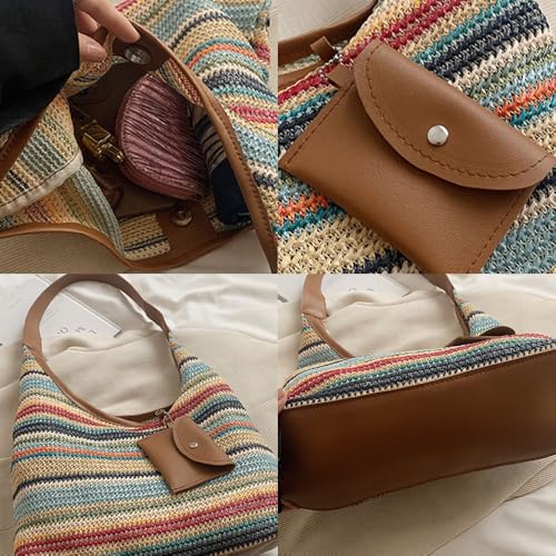 Women's Woven Beach Shoulder Handbag Colorful Straw Tote Bag Summer Vacation Crossbody Bag - color: 3016brown