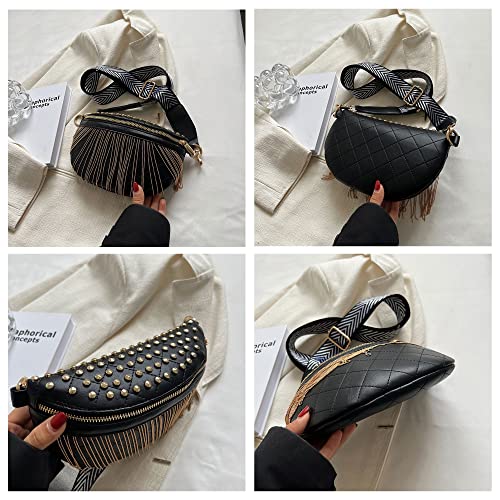 GLT.ETL Fanny Pack Chest Bag For Women Faux leather Fringe Quilted Waist Cross Body Bum Bags Rivet Studded Tassel Purses(Black Gold) - color: Black Gold
