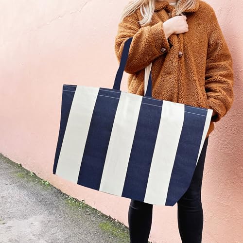 Large Canvas Tote Bag-Extra Big Shopping Beach Totes Bags Reusable Largest Grocery Plain Solid Bag 28"x8"x16" - color: Blue White Stripe