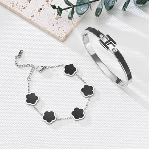 H Bangle & Clover Bracelet for Women - Stainless Steel Fashion Jewelry - 18K Gold Plated H Bangle and Lucky Five Leaf Clover Bracelet - Elegant Bracelets Set - Gift for Women - color: Silver-Black Set