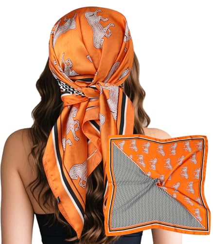 Sumolux Head Hair Scarf for Women Like Satin Silk Scarf Bandana Hair Wrapping Night Large Square Scarves 27.5" - color: Orange Horse