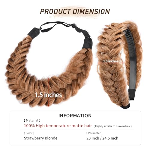 2PCs Braided Headband with teeth Handmade Messy Wide Synthetic Hair Elastic Stretch Fluffy Hairpiece for Brides (Strawberry Blonde) - color: Strawberry Blonde