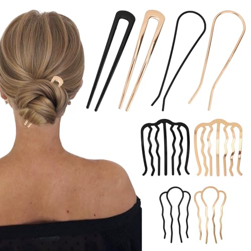 French Hair Pin, 8 PCS Hair Pins for Women Metal Hair Side Combs, French Pins Hair, U Shaped Hair Pins for Buns Updos, French Pins Hair Stick Pin Hair Combs for Styling Hairpin Hair Accessories - color: Black&Gold
