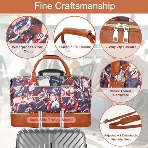 ITIEZY Weekender Overnight Bag for Women - Large Travel Duffel Bag with Shoe Compartment, Gym Duffel Bag Hospital Bag Carry On Tote Bags for Airplanes with Crossbody Bag Toiletry Bag 3Pcs Set - color: 8-Purple Leaf