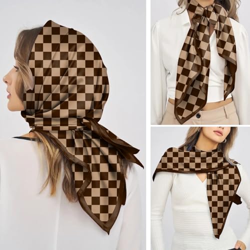 Scarf Silk Feeling Square Satin Head Hair Scarf Wrap 27.5 Inches Headwear Aesthetic Cute Decoration Women Girls - color: V-1-brown