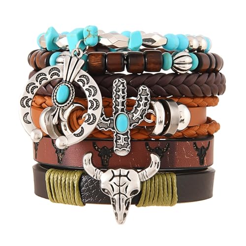 Western Outfit for Women Bohemian Vintage Stackable Turquoise Bracelet Rustic Beaded Cow Head Charm Stretch Bracelet Western Jewelry Country Concert Outfits for Women - style: Style7