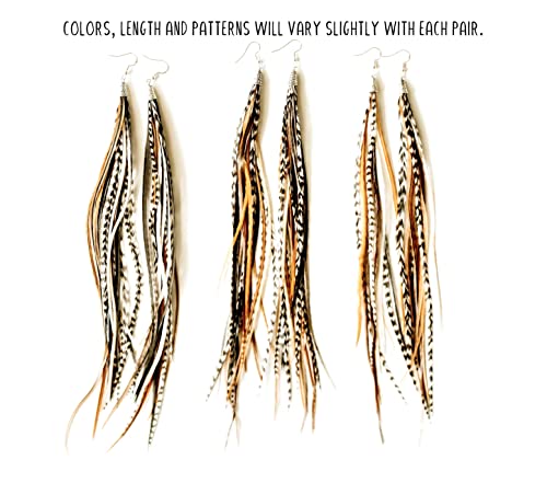 Feather Headz Bohemian handmade long lightweight feather dangle earrings for women - color: Natural