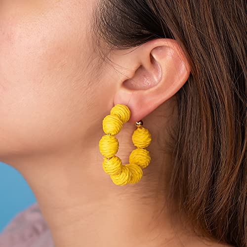 Raffia Hoop Earrings Statement Boho Beaded Earrings Cute Rattan Handmade Colorful Jewelry for Women Unique Summer Outfits - color: Yellow
