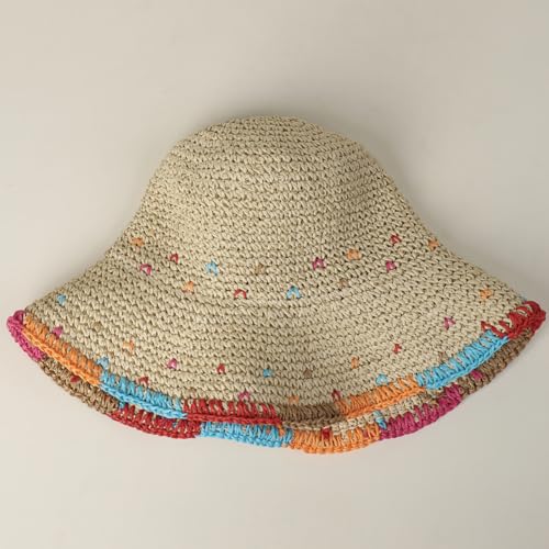 Women Straw Sun Hat Summer Beach Hats Foldable Floppy Cap Wide Brim Bucket Hat Solid Handmade Sun Protection Caps - color: Colorful-khaki