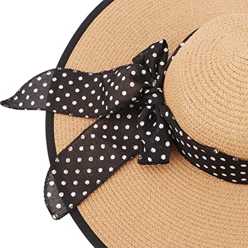 DRESHOW Beach Hats for Women Big Straw Wide Brim Summer Hat Floppy Foldable Roll up Cap Sun Hat UPF 50+ - color: 1 Pc：black Edge Khaki+white Dot Hat, 4.7" Brim