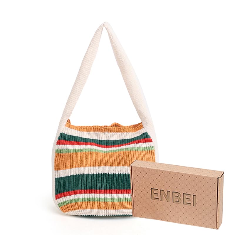 ENBEI Women's Crochet Tote Bag Knit Shoulder bag,Aesthetic Bag,Cute Eco-Friendly Tote for Travel,Daily Use,Gift Box Packaging - color: White-a