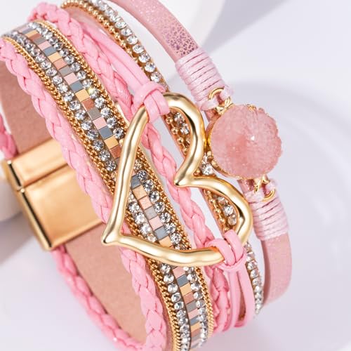 Boho Leather Wrap Bracelets Beaded Stackable Cuff Bracelet Country Concert Outfits Cowboy Cowgirl Western Jewelry Gifts for Women - color: Heart-Pink
