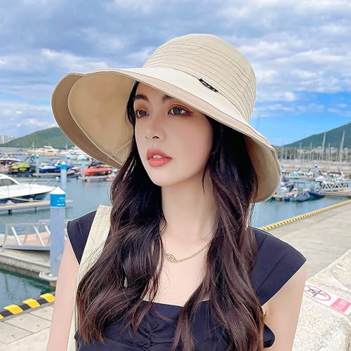 Women Sun Hats Wide Brim Summer Beach Fishing Hats Foldable UV Protection Cap - color: Beige