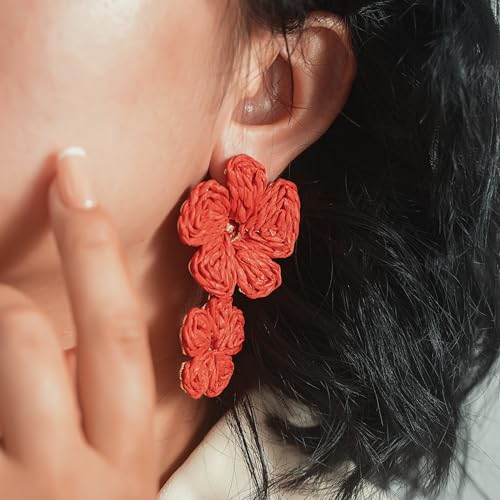 Boho Flower Earrings Statement Raffia Dangle Earrings Cute Floral Jewelry Trendy Summer Beach Vacation Outfits for Women - color: Red