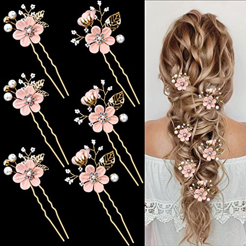 6 Pieces Bridal Flower Wedding Hair Pins Crystal Pearl Hair Pins Clips Headpiece Gold Wedding Hair Accessories Jewelry with Rhinestone for Brides Bridesmaids Women Girls Updo (Cherry Blossoms Pink) - color: Cherry Blossoms Pink