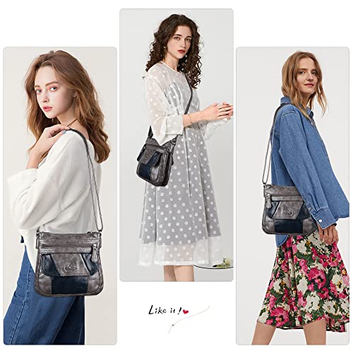 Angelkiss Small Womens Crossbody Bag Leather Shoulder Purse for Women Hobo Bag with Adjustable Shoulder Strap - color: Grey/Blue