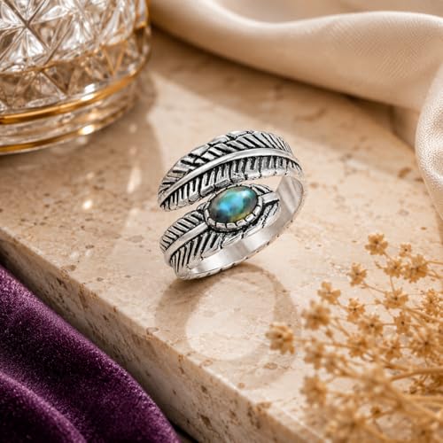 Silver Plated Feather Ring | 925 Silver Adjustable Open Ring | Vintage Leaf Design Inspirational Jewelry for Men & Women | Hypoallergenic Boho Statement Ring - color: Labradorite