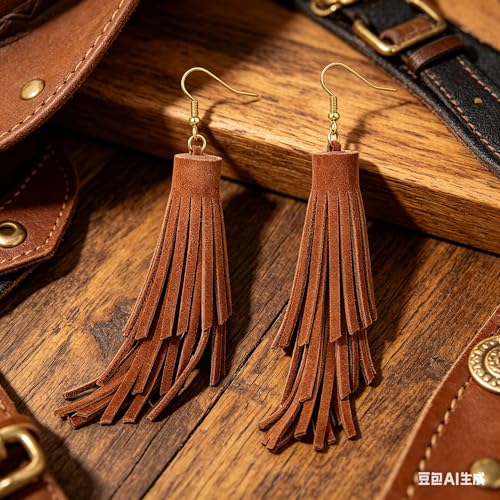 Fringe Leather Earrrings Triangle Deerskin Leather Boho Western Statement Dangel Earrings for Women - color: Black Tassels