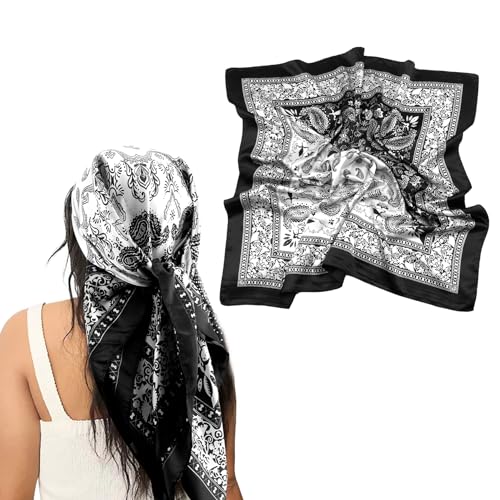 NZKNP Silk-Like Head Scarf - Women's Bandana Wraps - color: 32-black and Beige, size: 35"*35"