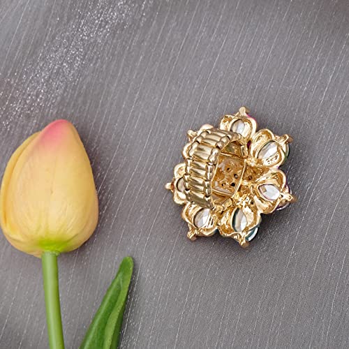 Flower Shape Crystal Cocktail Stretch Ring Party Prom Floral Statement Elastic Ring for Women - color: 2RI255-multicolor-gold tone