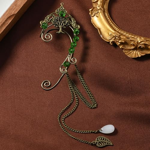 Elf Ear Cuffs, OwMell Handcraft Silver Pointed Fairy Elven Cosplay Fantasy Costume Bridal Wedding Earrings for Non Pierced Ears - style: Tree & Green Beads