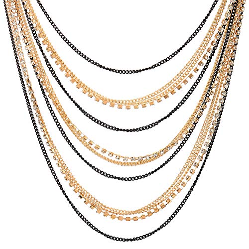 Waterfall Multi-Strand Chains Statement Collar Necklace with Rhinestones Chains, Dress - color: F-Metal Color: 18K Gold-Plated & Black