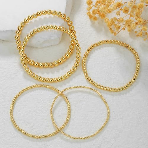 Gold Bracelets for Women 14K Gold Plated Beaded Non Tarnish Bracelets Stretch Bead Ball Bracelet Stack Set Jewelry for Gifts - color: A SET 5PC