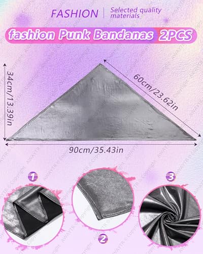 AWAYTR Y2K Hair Bandanas for Women Hair - 2Pcs Punk Head Wraps for Girls Hair Scarf Grunge Disco Head Cover - color: Laser (Black/Dark Grey)