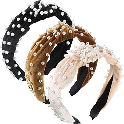 WILLBOND 3 Pieces Pearls Headband Knotted Headband for Women Velvet Pearls Hairband for Woman Hair Accessories - color: Black, Gold, Beige