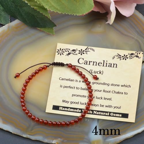 468Handmade Adjustable Natural Gemstone Crystal Bracelet Healing Power Energy Inspirational Gifts with Card for Unisex - color: 09-Carnelian(Luck), size: 4mm
