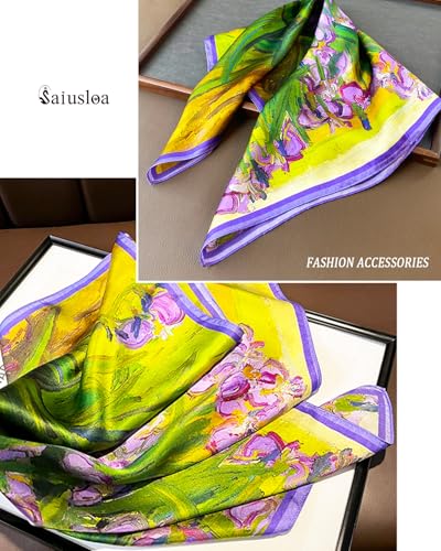 Saiusloa Neck Scarf For Womens Silky Head Scarves Hair Bandanas Square Scarf Fashion Accessories lightweight - color: 12-purple Green Oil Painting