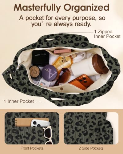 Miss Adola Crossbody Corduroy Tote Bag for Women, Large Tote Bag with Multi-Pockets and Zipper for Travel Work - color: Black Leopard Print