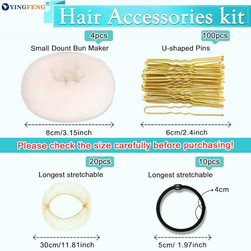YINGFENG 134 Pcs Beige Hair Bun Maker Kit Medium - 4 Bun Hair Pieces for Women, 20 Hair Net for Buns, 100 Bobby Pins for Women, 10 Hair Bands, for Ballet Styling, Hair Accessories for Girls - color: beige, size: Medium