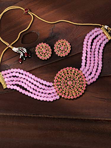 Aheli Pearl Diamond Choker Necklace & Round Earrings Gift for Women Indian Traditional Bollywood Fashion Bharatanatyam jewellery set - color: Pink