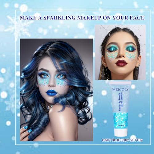 MEICOLY Light Blue Body Glitter,Mermaid Princess Face Glitter Gel,Ice Blue Glitter Face Paint for Halloween,Frozen Birthday Party Decorations,Chunky Glitter for Eye Lip Hair,Festival Rave Glitter Gel - color: light blue body glitter