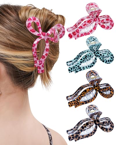 Mesovor 4 Pack Elegant Bow Hair Claw Clips, Nonslip 4.3" Large Hair Grip Hairclips for Thin and Thick | Acrylic Hair Strong Hold Hair Jaw Clamps (Pink Leopard, Brown Leopard) - color: Pink Leopard, Brown Leopard